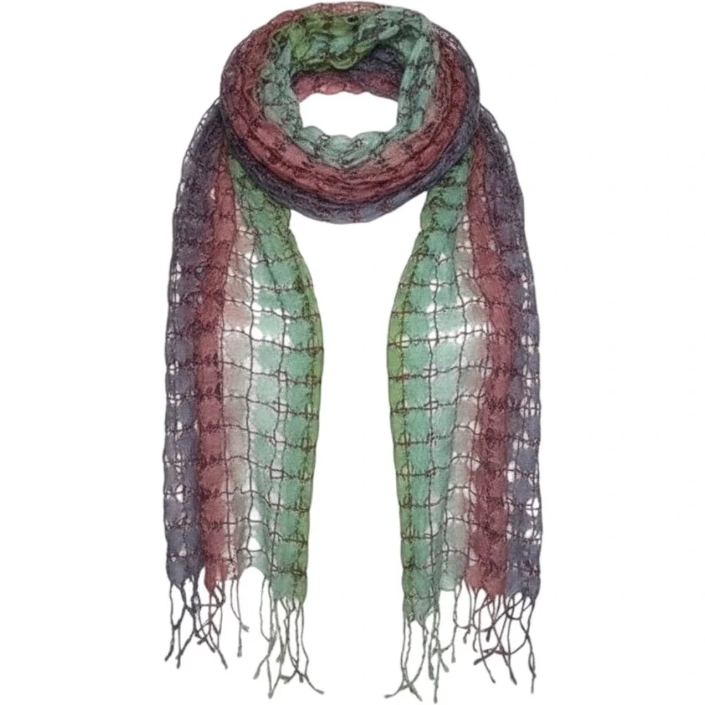 Vintage Waffle Weave 100%silk Rainbow‎ Colored Scarf Boho Sheer